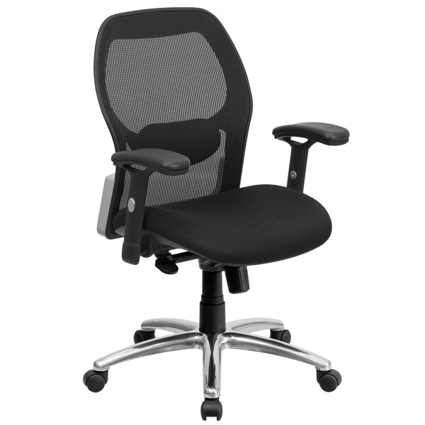 A black Flash Furniture office chair with mesh back and arms.