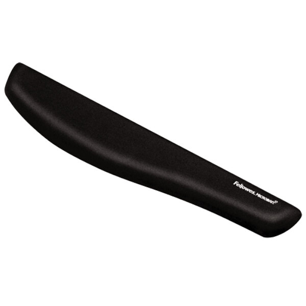 A Fellowes black foam wrist rest with white text.