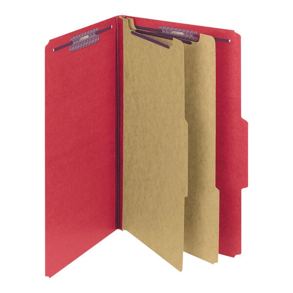 A red Smead SafeSHIELD legal size classification folder with tan dividers.