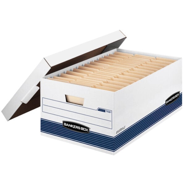 A white Fellowes Banker's Box file storage box with a lid open.