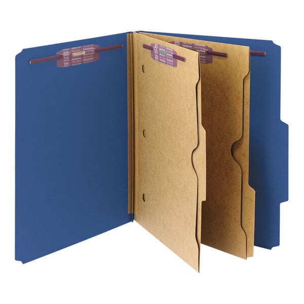 A blue Smead file folder with brown tabs.