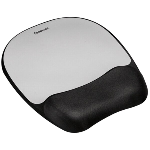 A black and silver Fellowes mouse pad with a memory foam wrist rest.