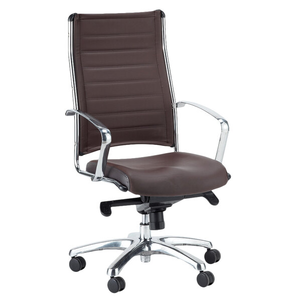 A Eurotech brown leather office chair with chrome legs.