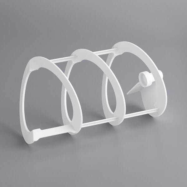 A white plastic Bunn hopper auger holder with three hooks.