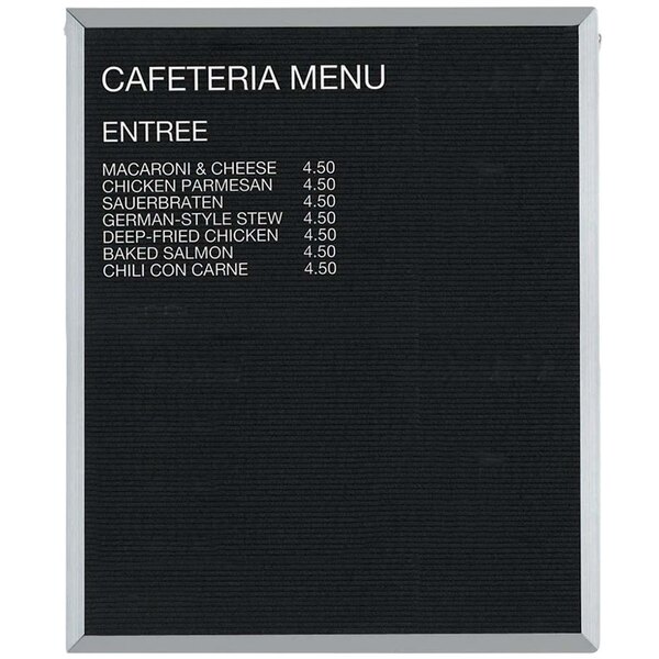A black Aarco felt message board with white text reading "Cafeteria Menu"