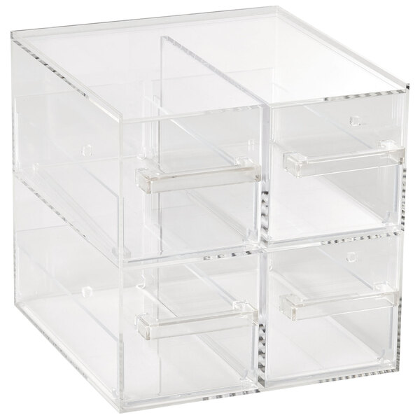 A Vollrath clear acrylic bread box with four drawers.