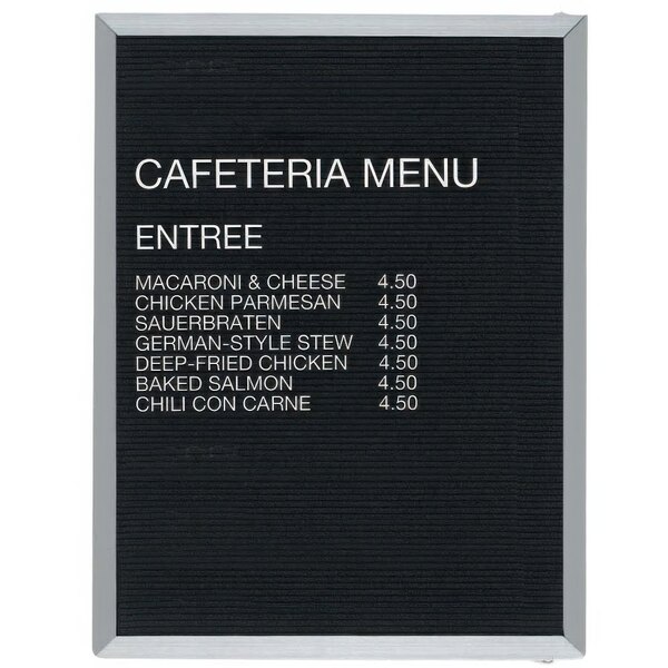 An Aarco black felt indoor message board with white text that says "cafeteria menu"