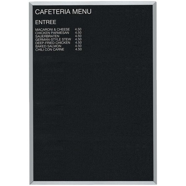 An open face black felt menu board with white text and a price list.