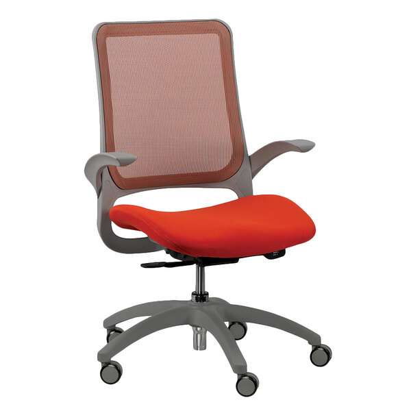An orange mesh Eurotech office chair with a grey frame.