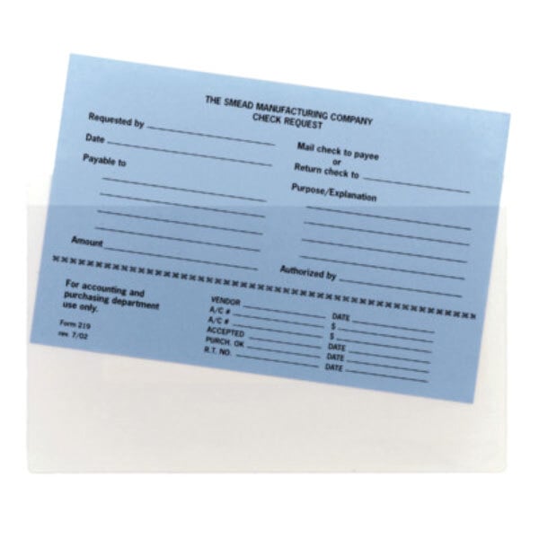 A Smead clear self-adhesive poly pocket with a blue check request inside.