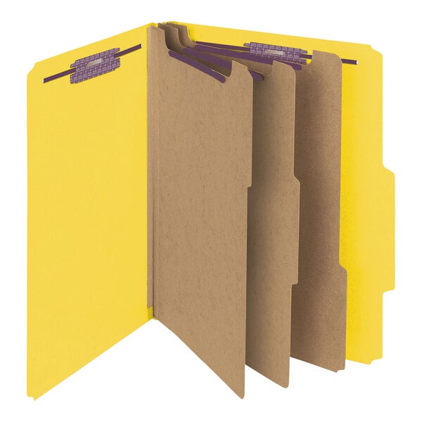 A yellow Smead file folder with brown and purple tabs.