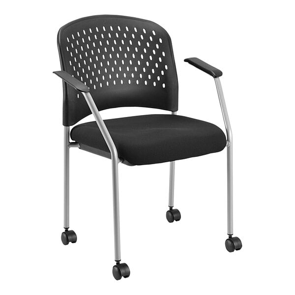 A black Eurotech office side chair with grey casters.