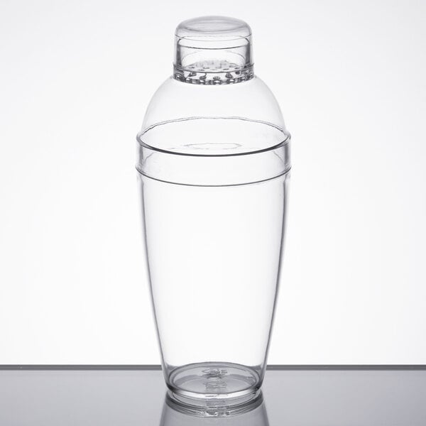 A Fineline clear plastic cocktail shaker with a clear plastic lid.