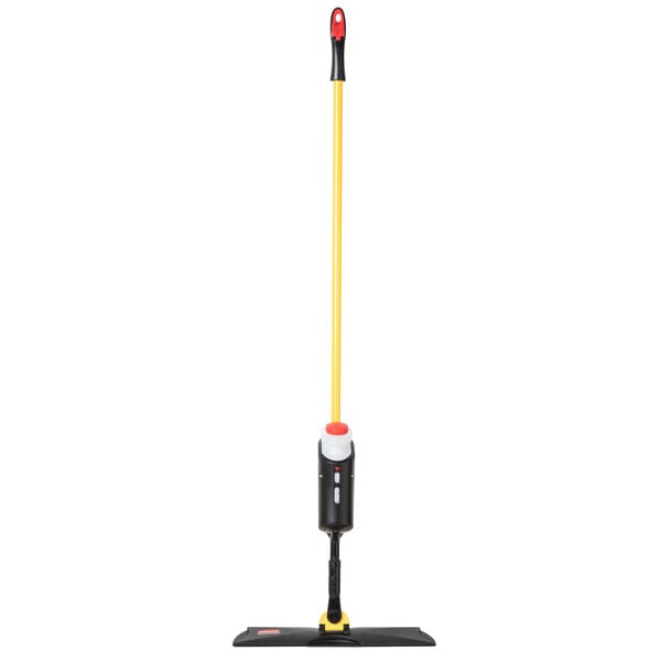 A Rubbermaid Light Commercial 18" Spray Mop with a yellow and red handle.