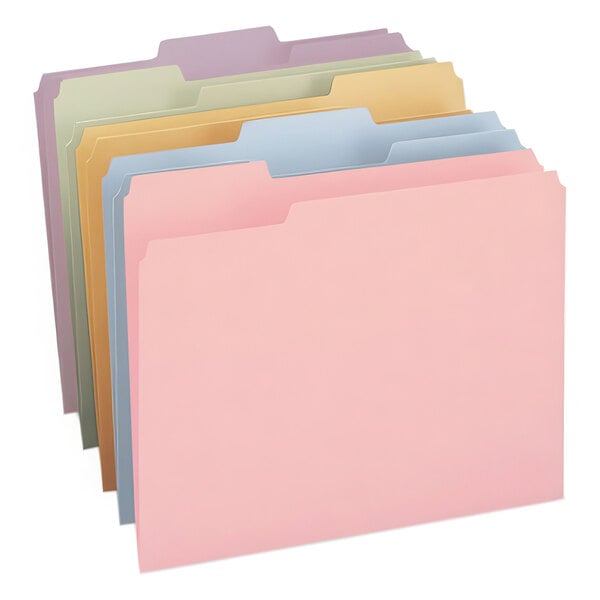 A close-up of a stack of Smead letter size file folders with 1/3 cut assorted tabs in assorted colors.