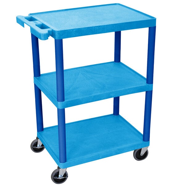 A Luxor blue plastic utility cart with three flat shelves and wheels.