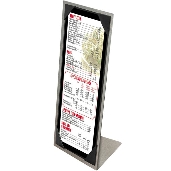 A Menu Solutions alumitique aluminum table tent with a menu on it.