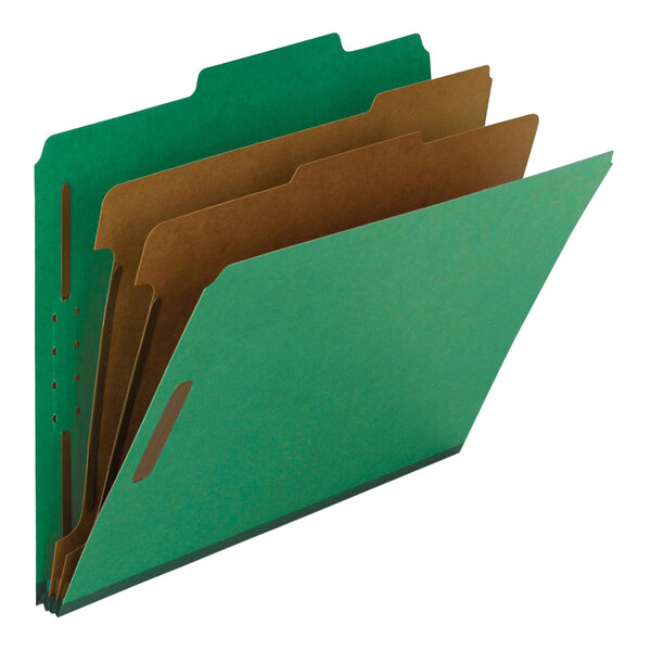 A box of 10 Smead green and brown heavy weight classification folders.