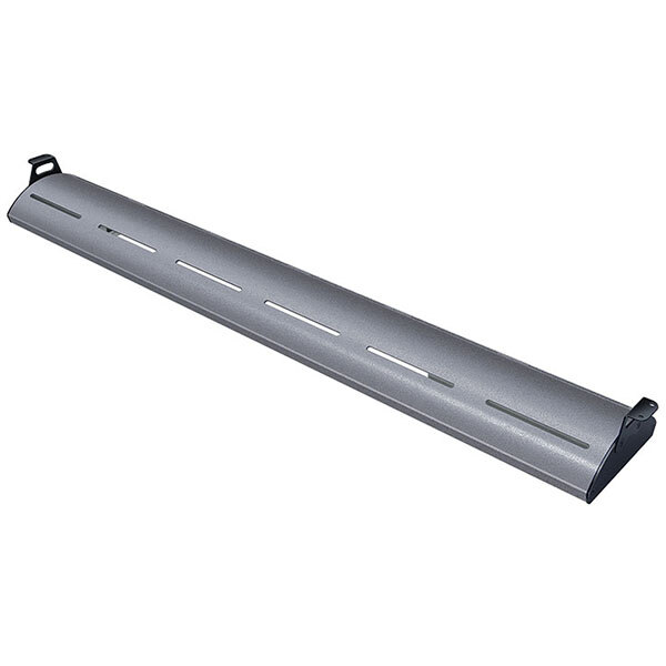 A long metal Hatco curved display light with a long handle on it.