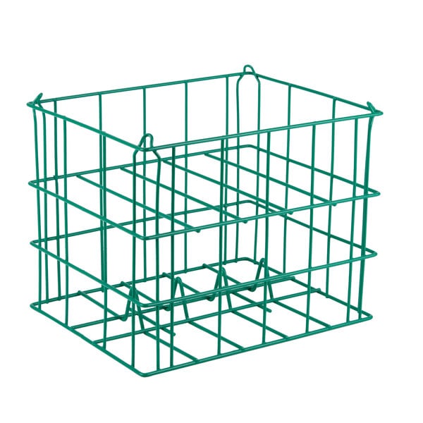 A green Microwire catering plate basket with 5 compartments.