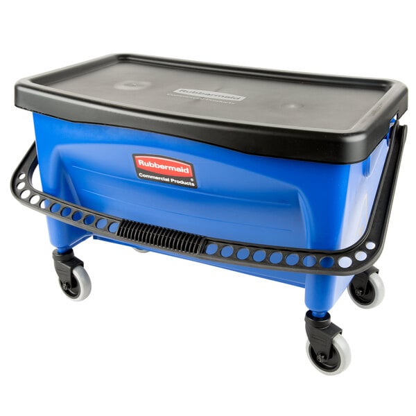 A blue Rubbermaid mop bucket with wheels.