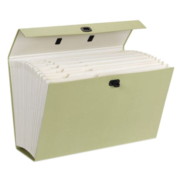 An assorted color Smead Legal Size Expanding File Box with white and green file folders inside.