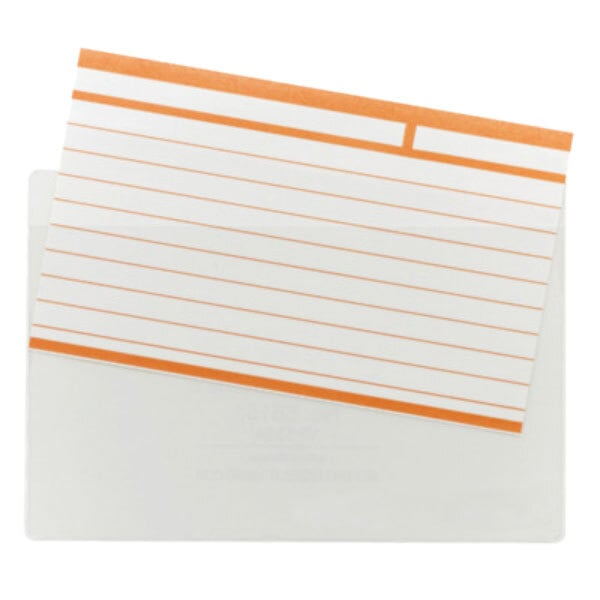 A close-up of a white paper with a white and orange lined index card in a clear poly pocket.