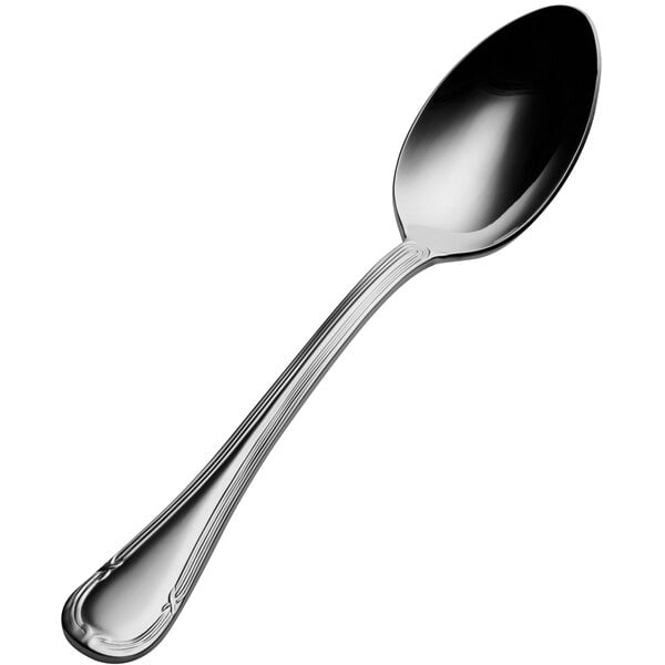 A Bon Chef stainless steel soup/dessert spoon with a silver handle.