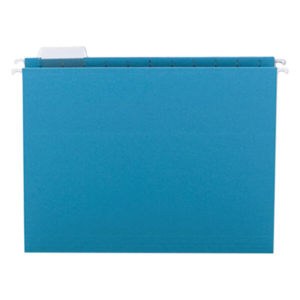 A teal Smead hanging file folder with a white repositionable poly tab.