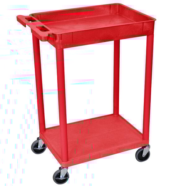 A red plastic cart with wheels.