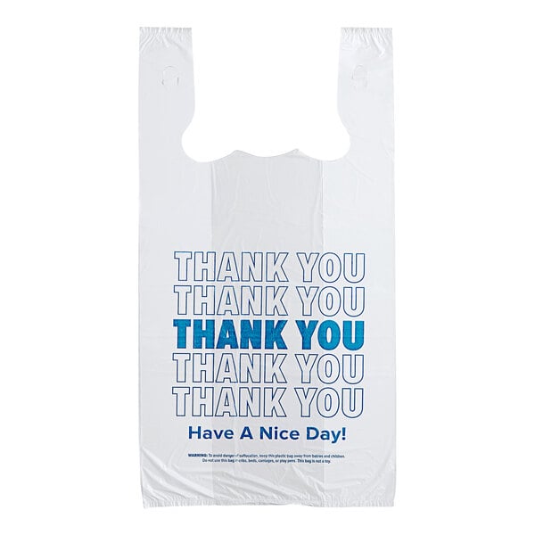A white plastic Choice "Thank You" T-Shirt bag with blue text that reads "Thank You"