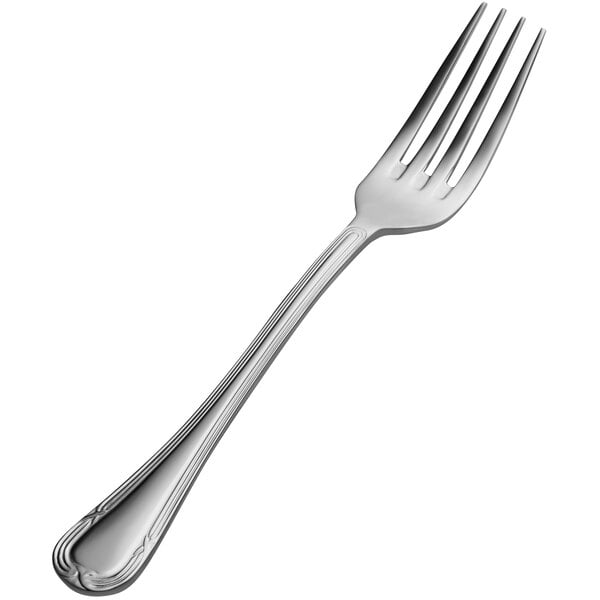 A close-up of a Bon Chef stainless steel dinner fork with a silver handle.