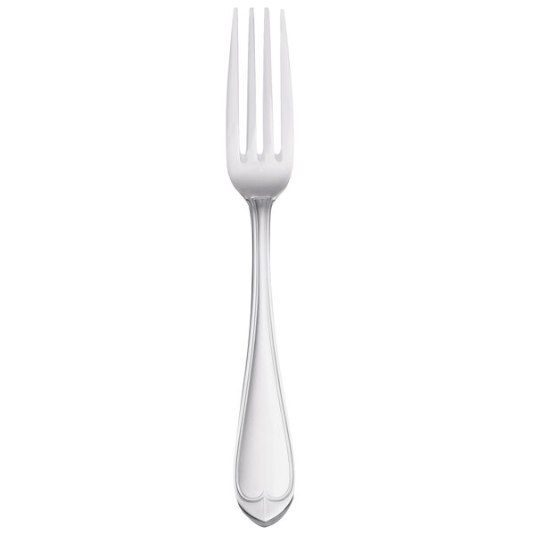 A stainless steel dinner fork with a silver handle.