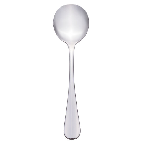 A close up of a Libbey stainless steel bouillon spoon with a silver handle on a white background.