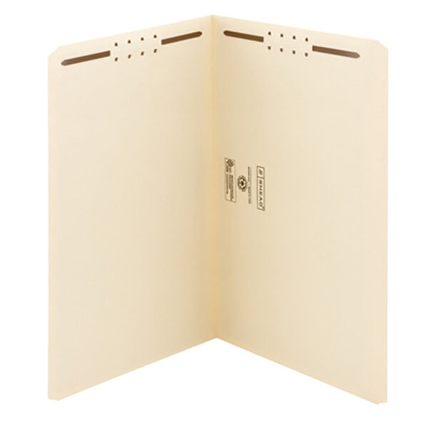 A Smead manila file folder with 2 holes in the middle and a black border on the tab.