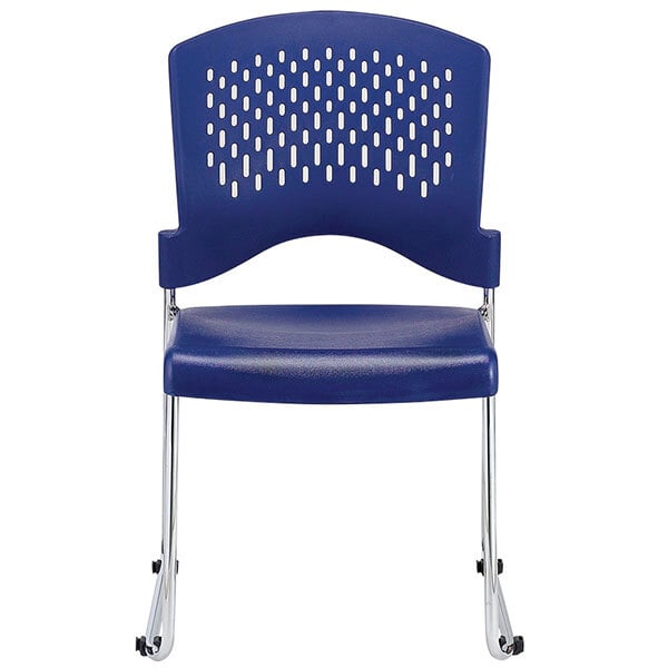 A blue Eurotech plastic chair with metal legs.