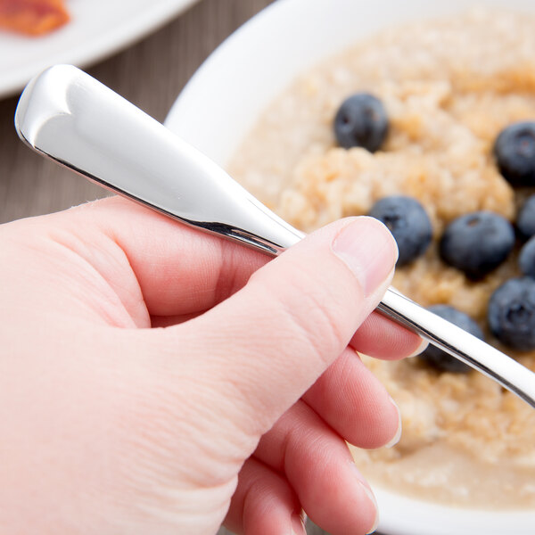 A person holding a World Tableware stainless steel teaspoon over a bowl of oatmeal with blueberries.