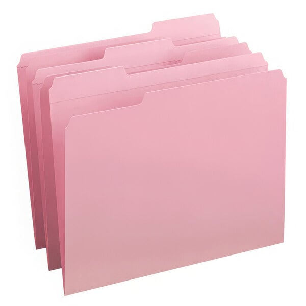 A close-up of a Smead pink file folder with reinforced 1/3 cut assorted tabs.