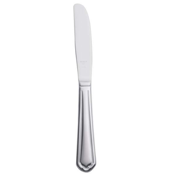 A silver bread and butter knife with a black handle.