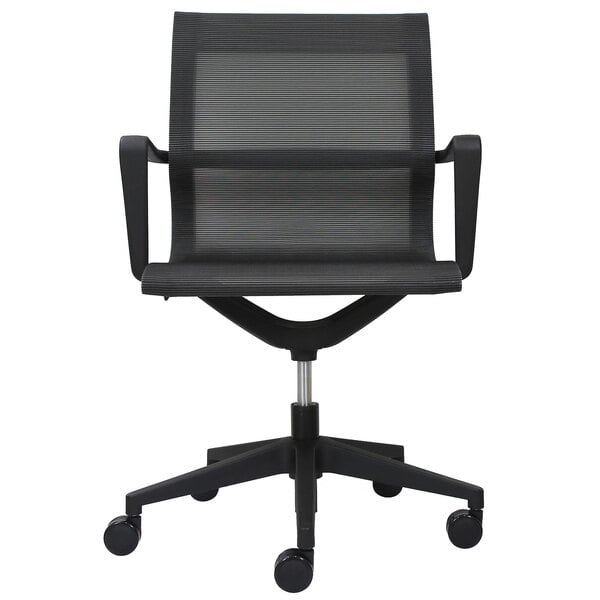 A Eurotech black office chair with a black mesh mid back and wheels.