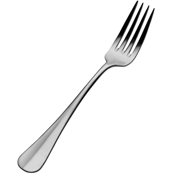 A close-up of a Bon Chef stainless steel dinner fork with a silver handle.