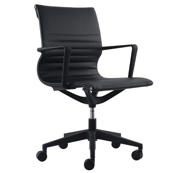 A Eurotech black vinyl office chair with wheels and arms.