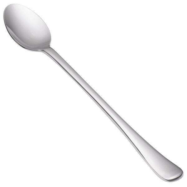 A close-up of a Libbey stainless steel iced tea spoon with a silver handle.