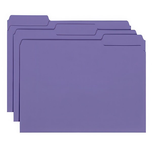A group of purple Smead file folders with 1/3 cut tabs.