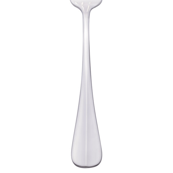 The handle of a Libbey stainless steel dinner fork with a long stem.