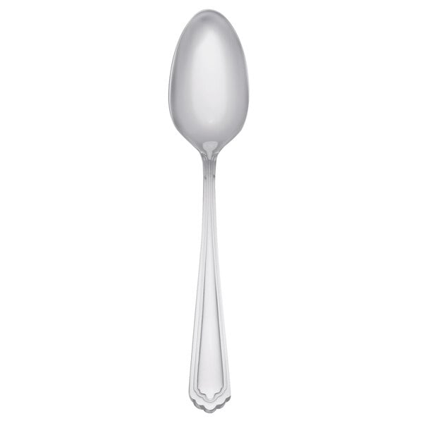 A silver Libbey Cortland teaspoon with a black handle on a white background.