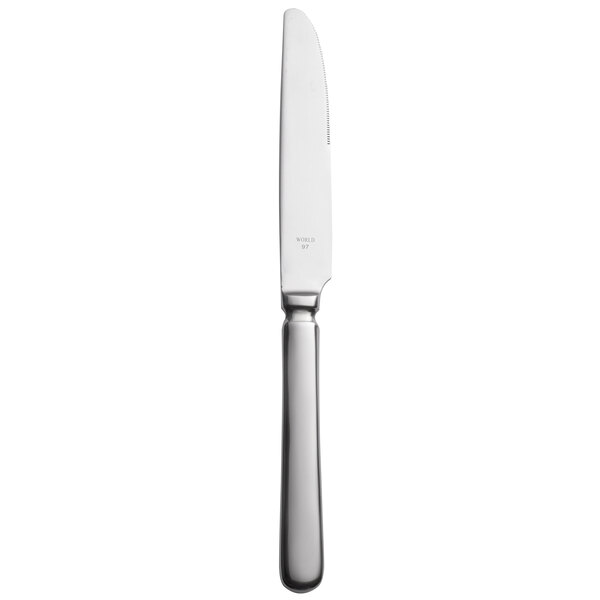 A Libbey stainless steel dessert knife with a pinched silver handle.