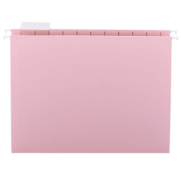 A pink Smead hanging file folder with a white repositionable poly tab.