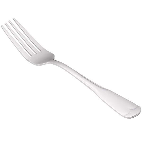 A World Tableware Columbus stainless steel utility/dessert fork with a white handle.