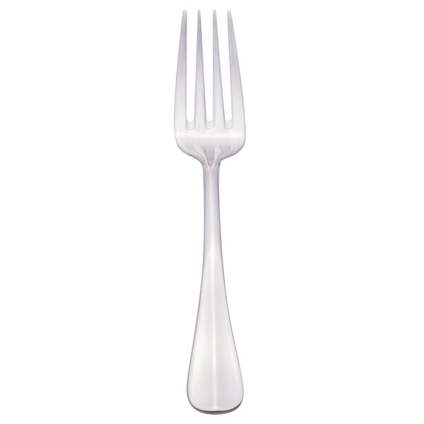 A close-up of a Libbey stainless steel dessert fork with a white handle.